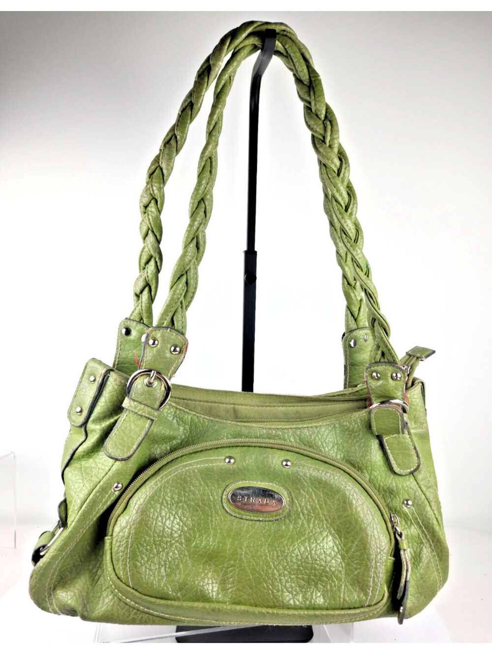 Strada Green Vinyl Shoulder Bag Braided Handles Multi Pocket Y2K Purse